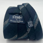 Drake's Vintage 100% Wool Unlined Dark Blue, Grey and Green Stripes Tie Handmade in England 8 cm x 148 cm #6027
