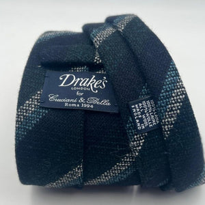 Drake's Vintage 100% Wool Unlined Dark Blue, Grey and Green Stripes Tie Handmade in England 8 cm x 148 cm #6027