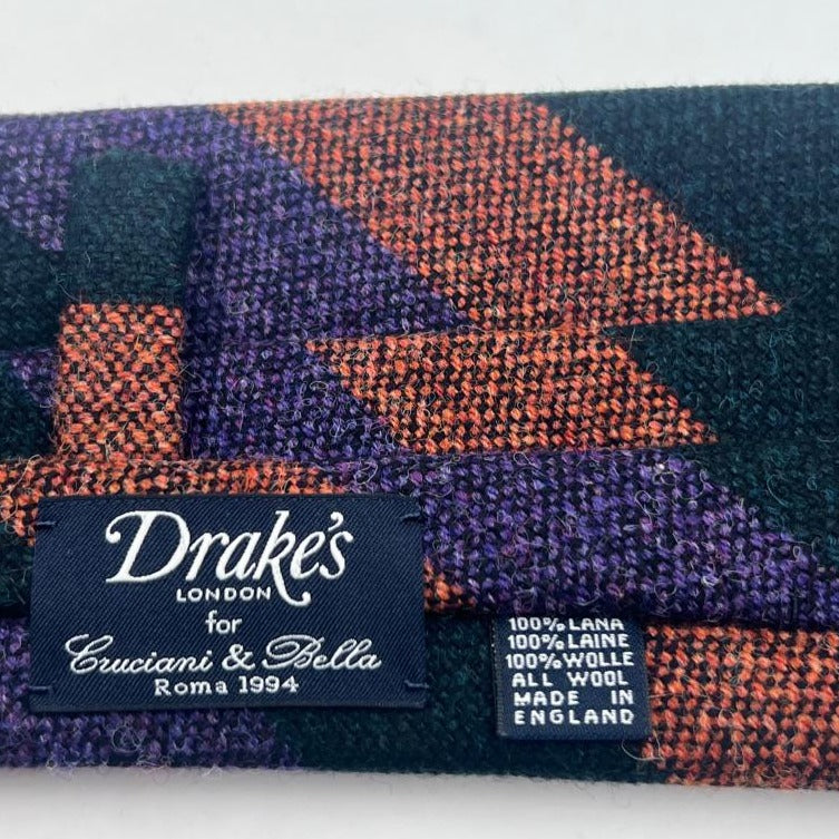 Drake's Vintage 100% Wool Unlined Rust, Light Purple and Green Stripes Tie Handmade in England 8 cm x 148 cm #6026