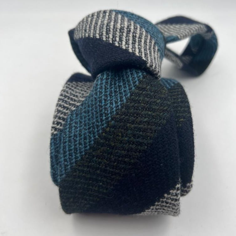 Drake's Vintage 100% Wool Unlined Grey, Blue, LIght Blue and Green Stripes Tie Handmade in England 8 cm x 148 cm #6028