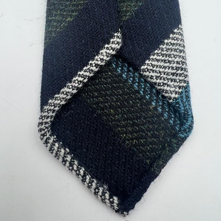 Drake's Vintage 100% Wool Unlined Grey, Blue, LIght Blue and Green Stripes Tie Handmade in England 8 cm x 148 cm #6028