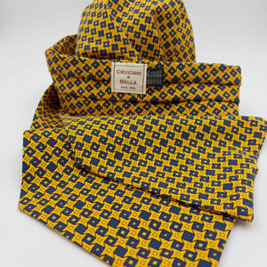 Cruciani & Bella 100% Madder Silk Ascot  Yellow and Blue Made in Italy #4636 
