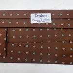 Drake's Vintage 100% Silk Self Tipped Brown Tie Pink and Light Green Motif Handmade in England 9 cm x 146 cm #6510