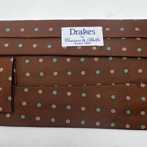 Drake's Vintage 100% Silk Self Tipped Brown Tie Pink and Light Green Motif Handmade in England 9 cm x 146 cm #6510