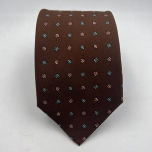 Drake's Vintage 100% Silk Self Tipped Brown Tie Pink and Light Green Motif Handmade in England 9 cm x 146 cm #6510