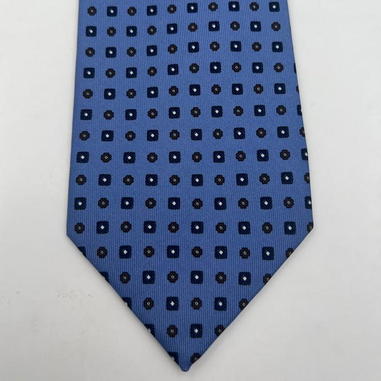Drake's Archive 100% Silk Self Tipped Light Blue Tie Blue and Brown Motif Handmade in England 9,5 cm x 146 cm #6513
