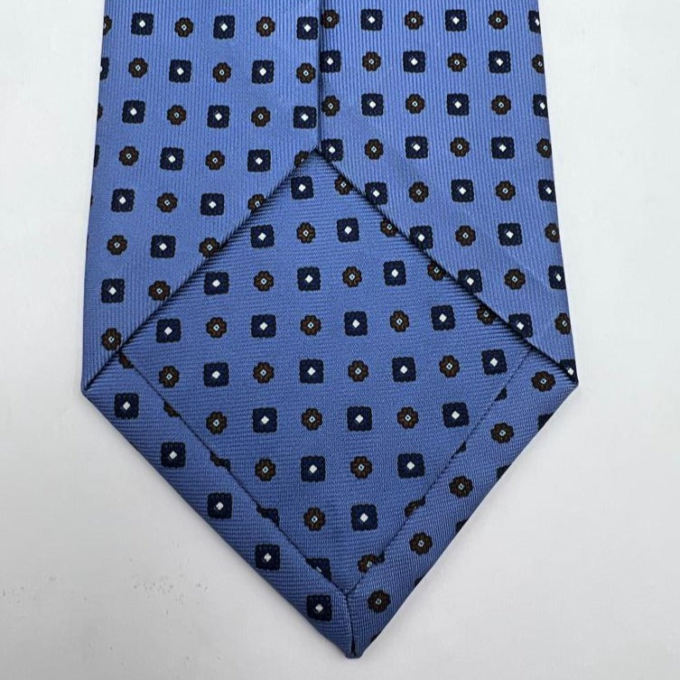 Drake's Archive 100% Silk Self Tipped Light Blue Tie Blue and Brown Motif Handmade in England 9,5 cm x 146 cm #6513