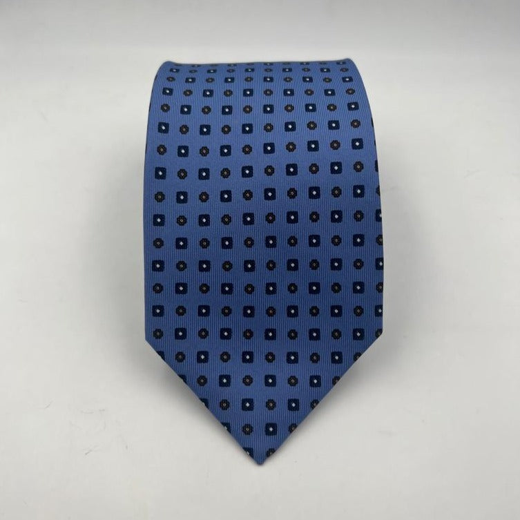 Drake's Archive 100% Silk Self Tipped Light Blue Tie Blue and Brown Motif Handmade in England 9,5 cm x 146 cm #6513