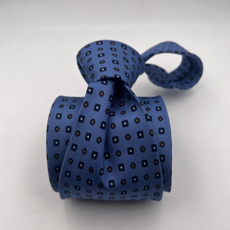 Drake's Archive 100% Silk Self Tipped Light Blue Tie Blue and Brown Motif Handmade in England 9,5 cm x 146 cm #6513