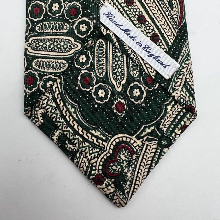 Drake's for Cruciani & Bella 100% Silk Self Tipped Green Tie Ecru and Wine Paisley Handmade in England 8,5 cm x 146 cm #6515