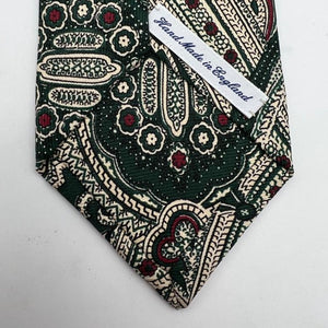 Drake's for Cruciani & Bella 100% Silk Self Tipped Green Tie Ecru and Wine Paisley Handmade in England 8,5 cm x 146 cm #6515