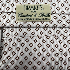 Drake's for Cruciani & Bella 100% Silk Tipped White Tie Light Brown Motif Handmade in England 9,5 cm x 146 cm #6517