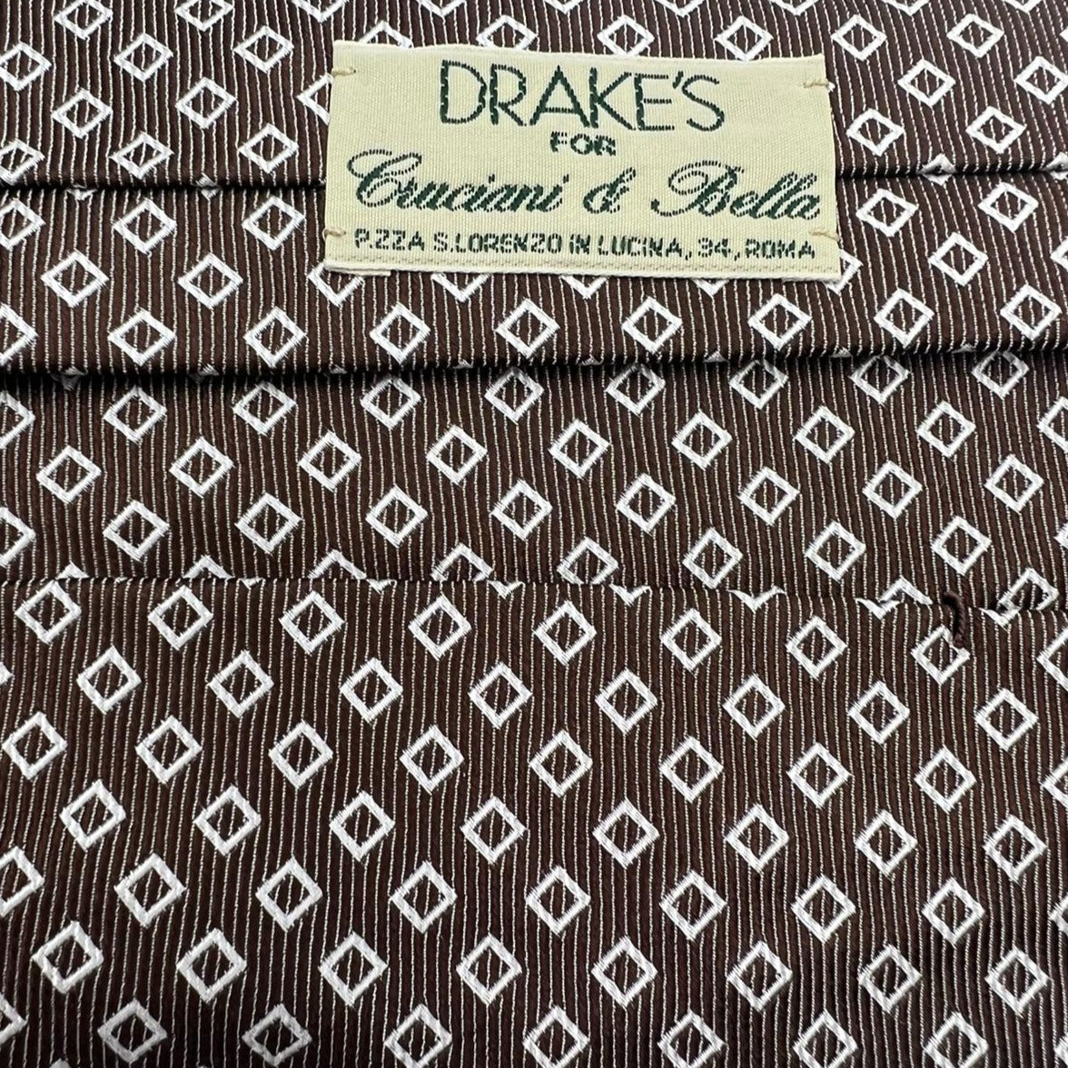 Drake's -  Silk - Light Brown, White Motif Tie #6518