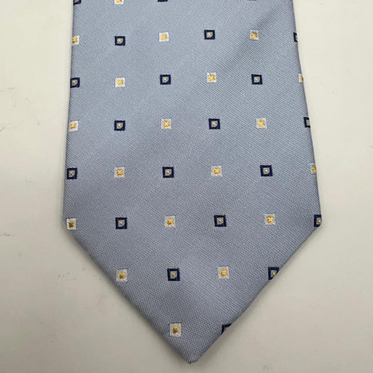 Drake's Vintage 100% Silk Wowen Jaquard Tipped  Light Blue Light Blue, Yellow, White Motif Handmade in England 9,5 cm x 146 cm #6532