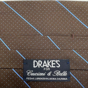 Drake's Vintage 100% Silk Wowen Jaquard Tipped  Brown Light Blue Stripes and Micro dots Handmade in England 9,5 cm x 146 cm #6533