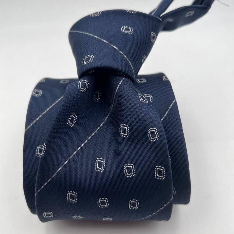 Drake's Archive -  Silk - Blue, White Stripes and Motif Tie #6534