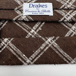 Drake's for Cruciani & Bella 100% Silk Tipped  White Motif Brown Shantung Tie Handmade in England 8 cm x 146 cm #5468