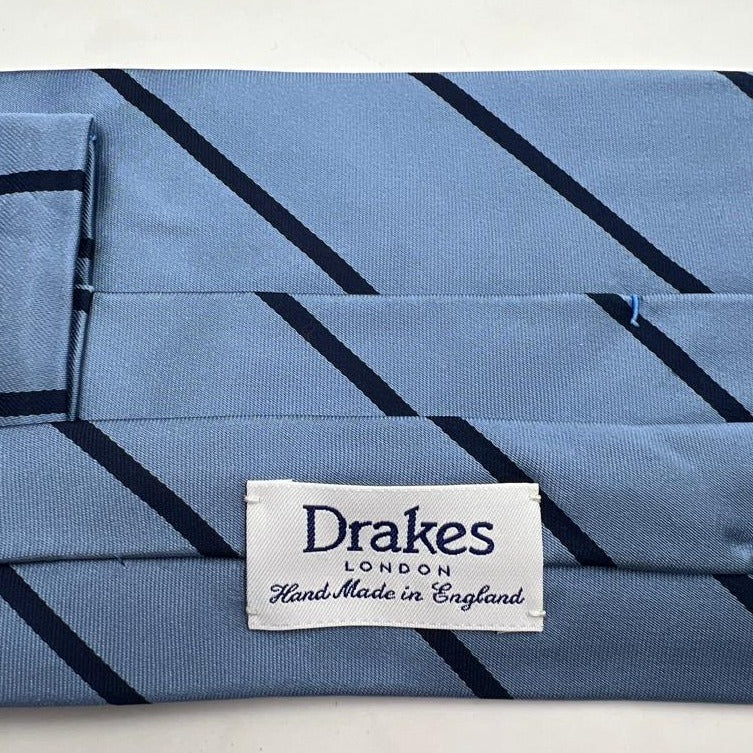Drake's for Cruciani & Bella 100% Silk Satin Tipped  Light Blue and Blue Stripes Tie Handmade in England 8 cm x 146 cm #6538