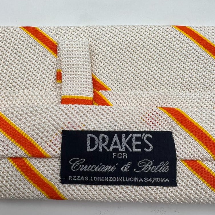 Drake's for Cruciani & Bella 100% Silk Garza Piccola Tipped  White, Orange and Yellow Stripes  Tie Handmade in England 9 cm x 146 cm #5321