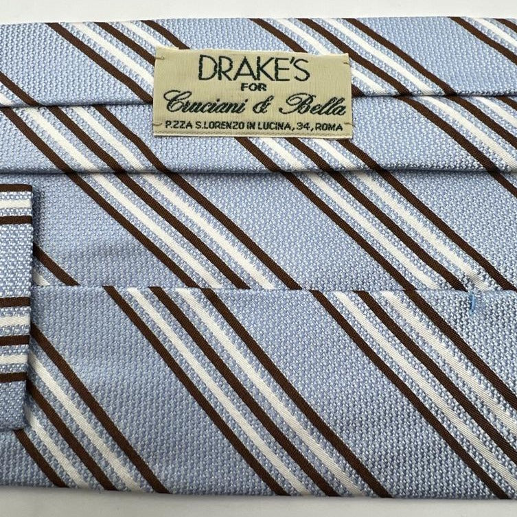 Drake's for Cruciani & Bella 100% Silk Garza Piccola Tipped  Light Blue, Brown and White Stripes  Tie Handmade in England 9 cm x 146 cm #6542