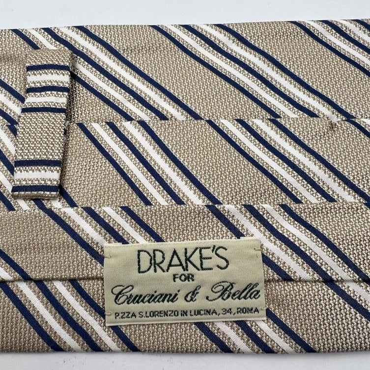 Drake's for Cruciani & Bella 100% Silk Garza Piccola Tipped  Ecru, Blue and White Stripes  Tie Handmade in England 9,5 cm x 146 cm #6544