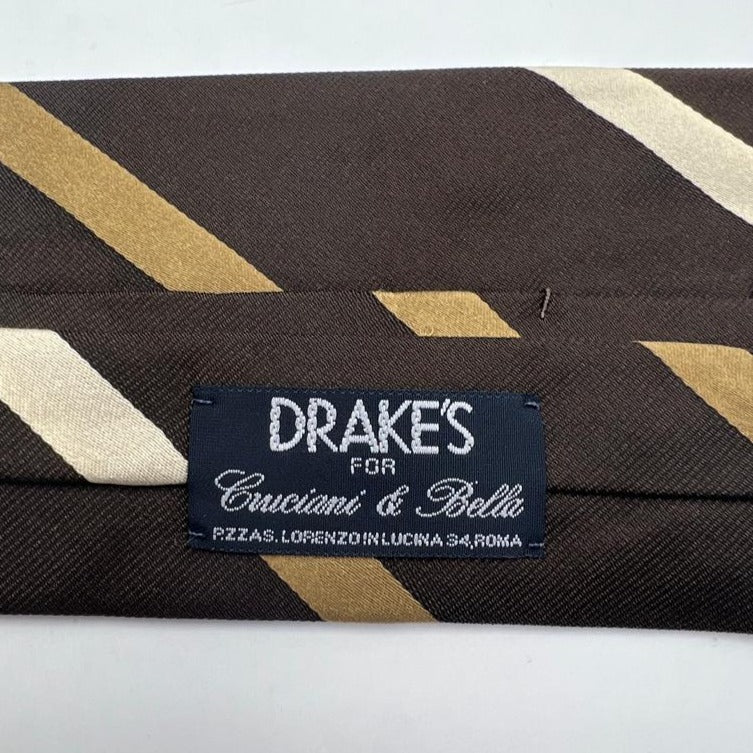 Drake's Vintage 100% Silk Jaquard Tipped  Brown, Light Brown and Ivory Stripes  Tie Handmade in England 9cm x 146 cm #6550