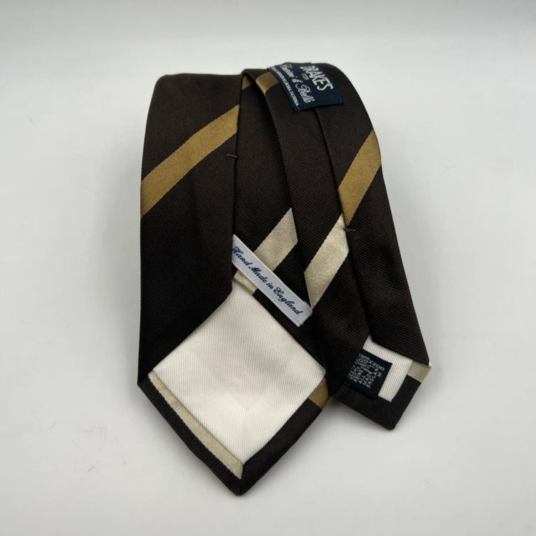 Drake's Vintage 100% Silk Jaquard Tipped  Brown, Light Brown and Ivory Stripes  Tie Handmade in England 9cm x 146 cm #6550