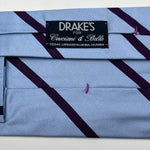 Drake's for Cruciani & Bella 100% Silk Jaquard Tipped  Light Blue, Purple Stripes  Tie Handmade in England 8cm x 146 cm #6552