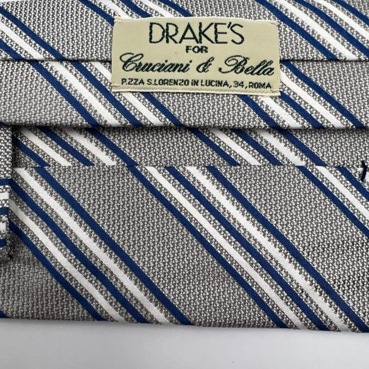 Drake's for Cruciani & Bella 100% Silk Jaquard Tipped  Grey, White and Blue Stripes  Tie Handmade in England 9,5cm x 146 cm #6555