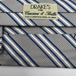 Drake's for Cruciani & Bella 100% Silk Jaquard Tipped  Grey, White and Blue Stripes  Tie Handmade in England 9,5cm x 146 cm #6555
