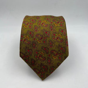 Cruciani & Bella 100% Silk Jaquard Tipped Green, Light Brown and Red Paisley Motif Tie Handmade in Italy 9,5 cm x 148 cm New Old Stock #6576