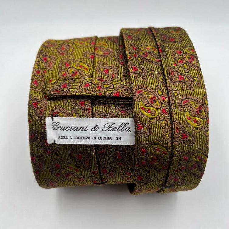 Cruciani & Bella 100% Silk Jaquard Tipped Green, Light Brown and Red Paisley Motif Tie Handmade in Italy 9,5 cm x 148 cm New Old Stock #6576