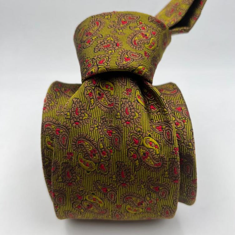 Cruciani & Bella 100% Silk Jaquard Tipped Green, Light Brown and Red Paisley Motif Tie Handmade in Italy 9,5 cm x 148 cm New Old Stock #6576