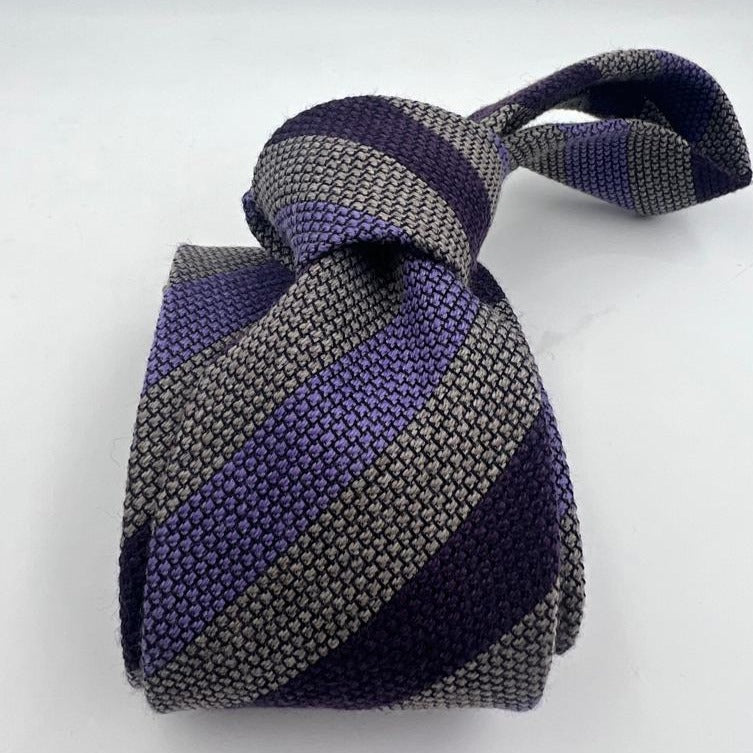 Drake's Vintage 70% Wool 30% Silk Tipped  Grey, Wine and Purple Stripes  Tie Handmade in England 8cm x 146 cm #6015