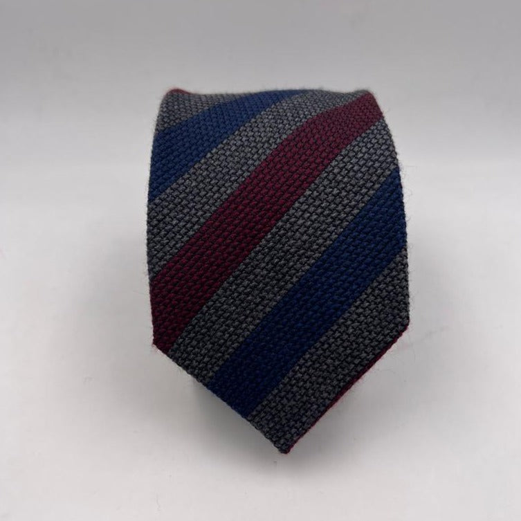 Drake's Archive 70% Wool 30% Silk Tipped  Grey, Wine and Blue Stripes  Tie Handmade in England 8cm x 146 cm #6017