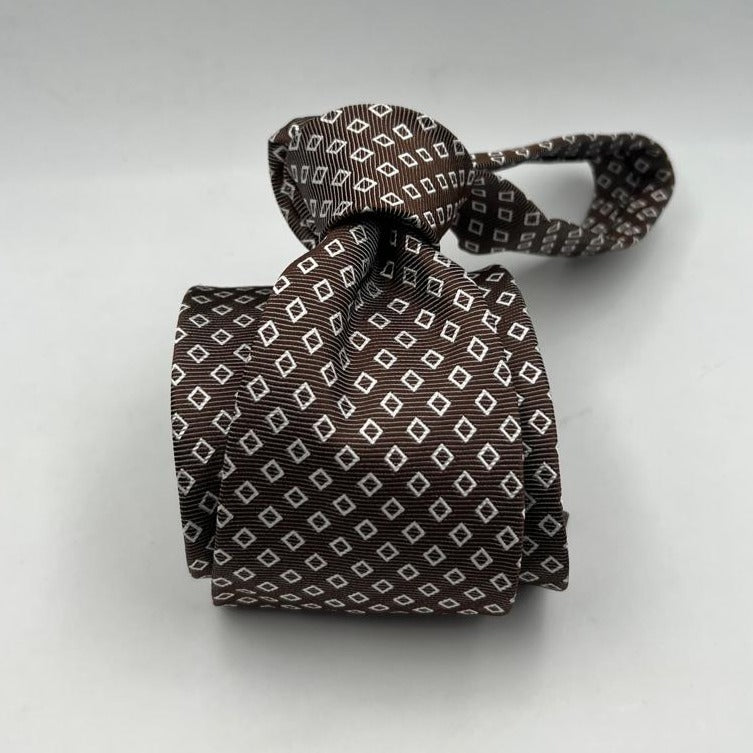 Drake's -  Silk - Light Brown, White Motif Tie #6518