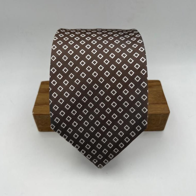 Drake's -  Silk - Light Brown, White Motif Tie #6518