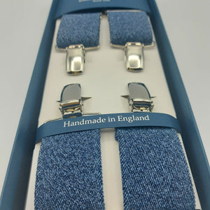 Albert Thurston for Cruciani & Bella Made in England Clip on braces Adjustable Sizing 35 mm elastic braces Denim Blue Plain X-Shaped Nickel Fittings Size: L #4831