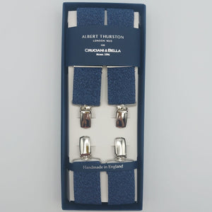 Albert Thurston for Cruciani & Bella Made in England Clip on braces Adjustable Sizing 35 mm elastic braces Denim Blue Plain X-Shaped Nickel Fittings Size: L #4831