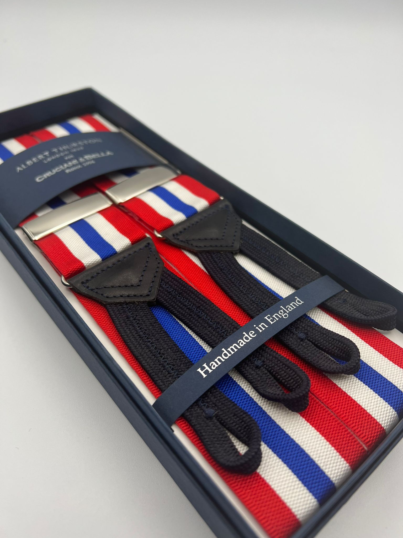Albert Thurston for Cruciani & Bella Made in England Adjustable Sizing 40 mm Woven Barathea  Red, White and BlueStripes Braces Braid ends Y-Shaped Nickel Fittings Size: XL #5652