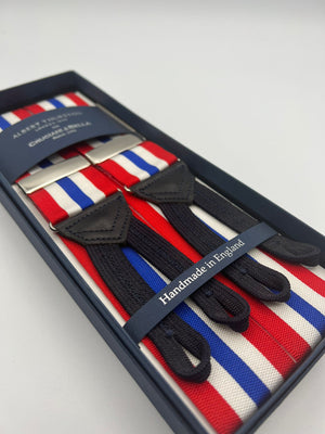 Albert Thurston for Cruciani & Bella Made in England Adjustable Sizing 40 mm Woven Barathea  Red, White and BlueStripes Braces Braid ends Y-Shaped Nickel Fittings Size: XL #5652
