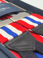 Albert Thurston for Cruciani & Bella Made in England Adjustable Sizing 40 mm Woven Barathea  Red, White and BlueStripes Braces Braid ends Y-Shaped Nickel Fittings Size: XL #5652