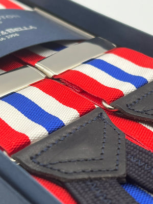 Albert Thurston for Cruciani & Bella Made in England Adjustable Sizing 40 mm Woven Barathea  Red, White and BlueStripes Braces Braid ends Y-Shaped Nickel Fittings Size: XL #5652