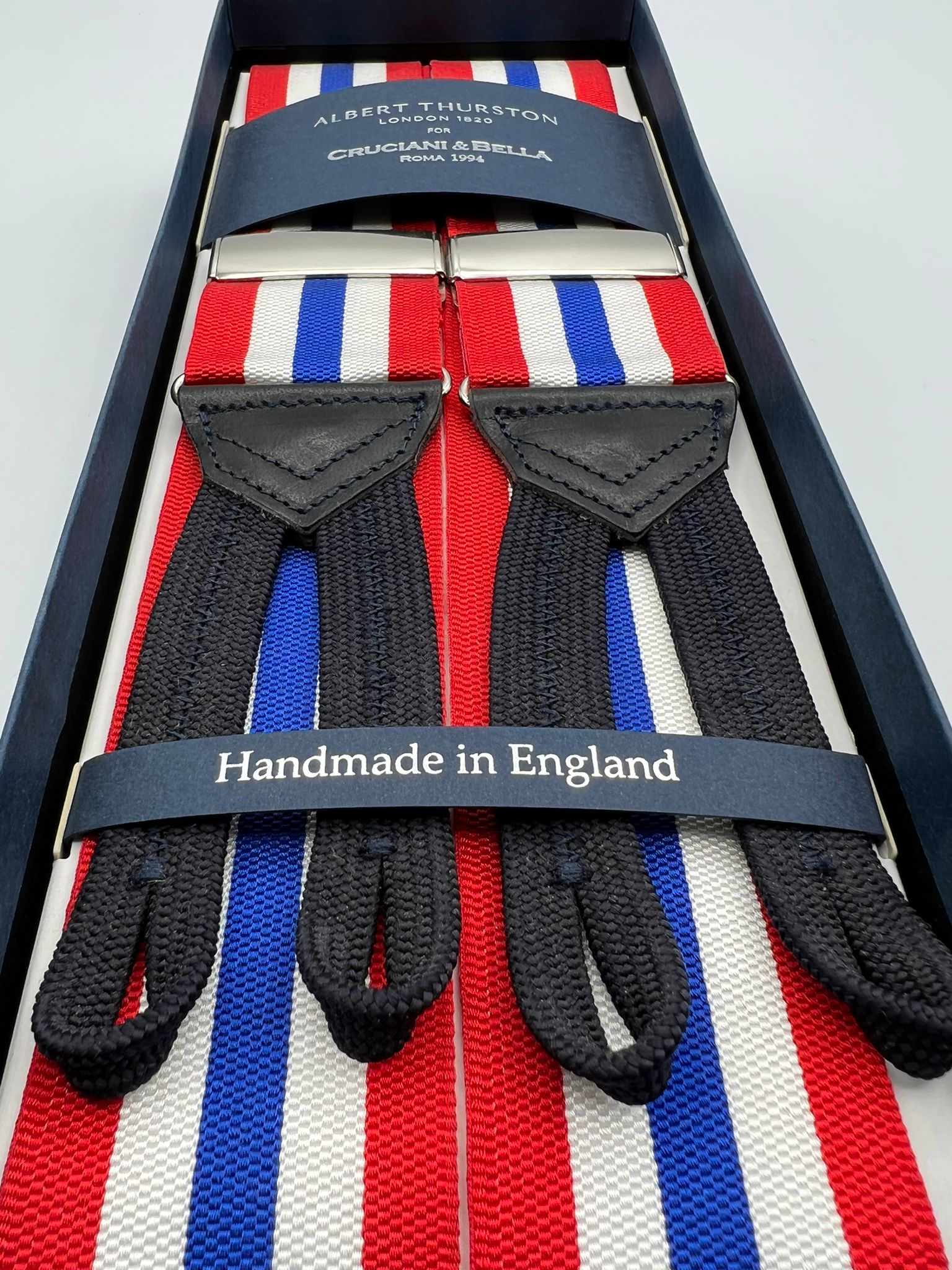 Albert Thurston for Cruciani & Bella Made in England Adjustable Sizing 40 mm Woven Barathea  Red, White and BlueStripes Braces Braid ends Y-Shaped Nickel Fittings Size: XL #5652