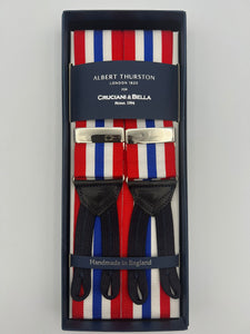 Albert Thurston for Cruciani & Bella Made in England Adjustable Sizing 40 mm Woven Barathea  Red, White and BlueStripes Braces Braid ends Y-Shaped Nickel Fittings Size: XL #5652
