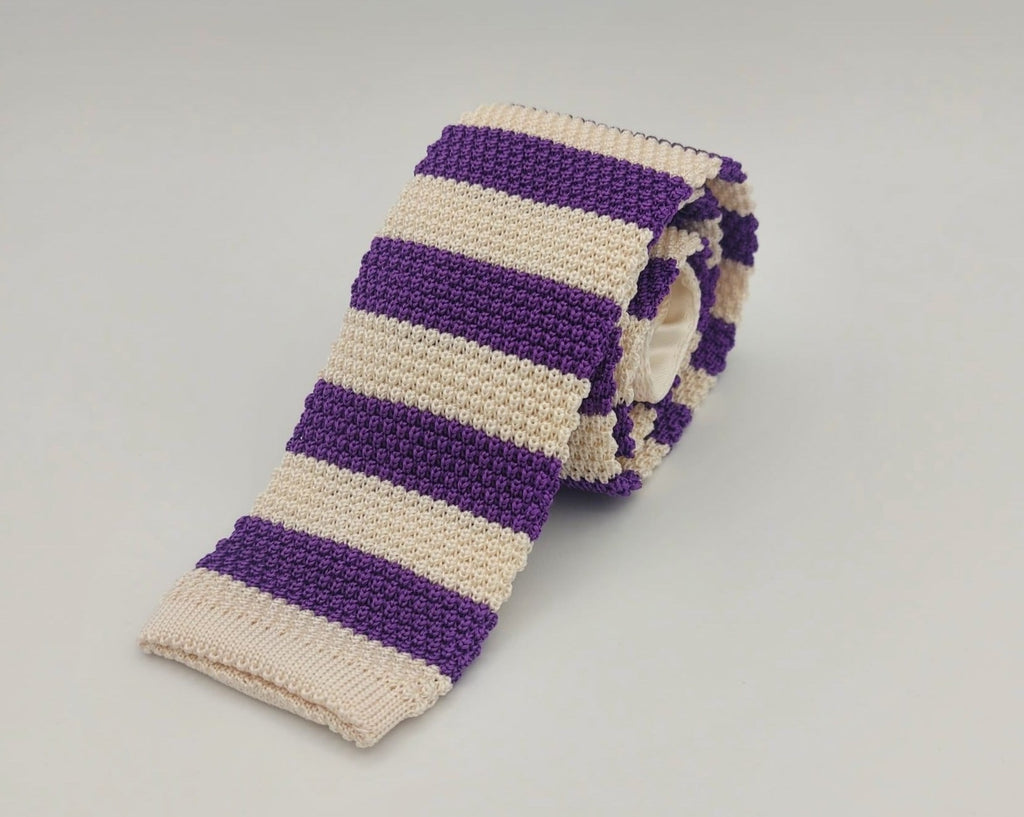 Cruciani & Bella 100% Knitted Silk White and Purple knitted tie Handmade in Italy 6 cm x 145 cm #6368
