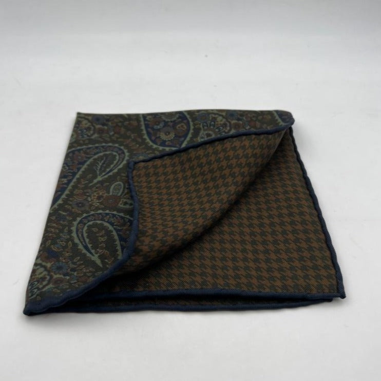 Holliday & Brown Hand-rolled   Holliday & Brown for Cruciani & Bella 100% Silk Green and Brown Double Faces Patterned  Motif  Pocket Square Handmade in Italy 32 cm X 32 cm #7026