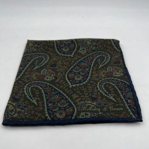 Holliday & Brown Hand-rolled   Holliday & Brown for Cruciani & Bella 100% Silk Green and Brown Double Faces Patterned  Motif  Pocket Square Handmade in Italy 32 cm X 32 cm #7026