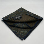 Holliday & Brown Hand-rolled   Holliday & Brown for Cruciani & Bella 100% Silk Green and Brown Double Faces Patterned  Motif  Pocket Square Handmade in Italy 32 cm X 32 cm #7026
