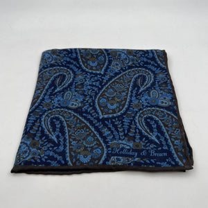 Holliday & Brown Hand-rolled   Holliday & Brown for Cruciani & Bella 100% Silk Blue and Brown Double Faces Patterned  Motif  Pocket Square Handmade in Italy 32 cm X 32 cm #7025